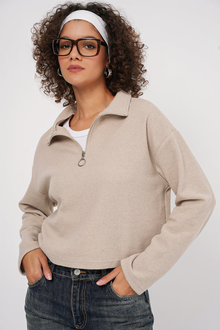 BGD Women Zip Neck Knitted Sweatshirt - Cream - New York