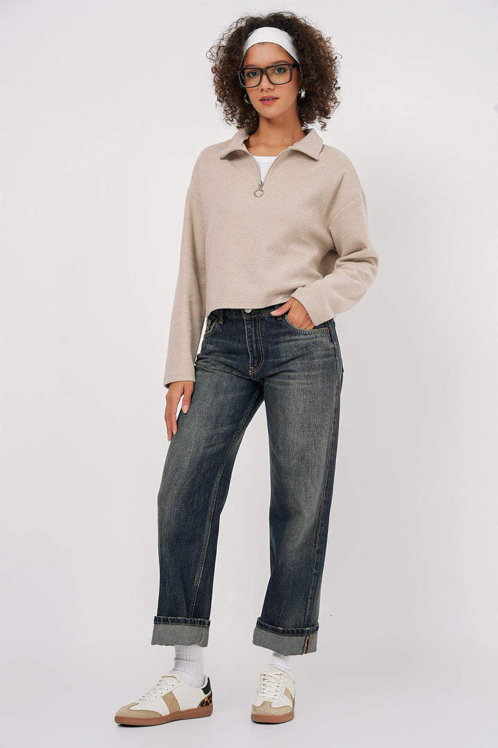 BGD Women Zip Neck Knitted Sweatshirt - Cream - New York