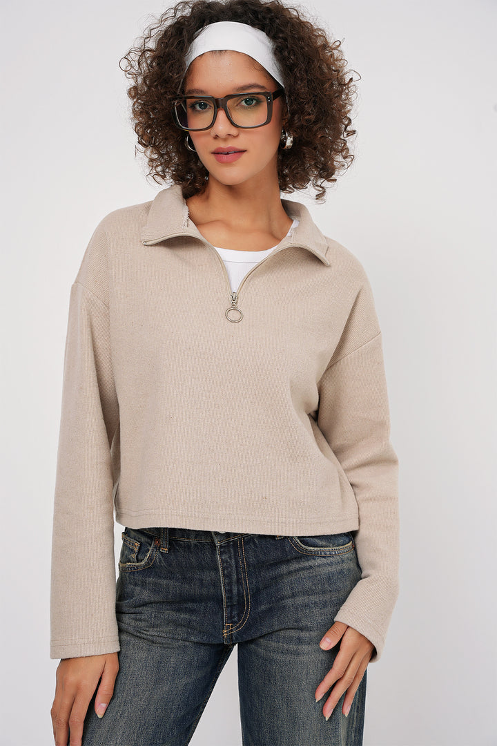 BGD Women Zip Neck Knitted Sweatshirt - Cream - New York