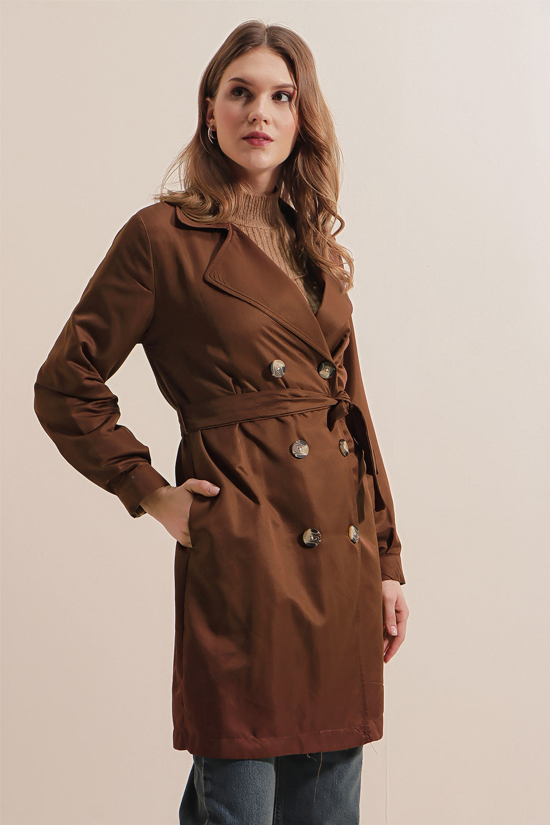 BGD Women Double Breasted Short Trench Coat - Brown - Târgu-Mureş