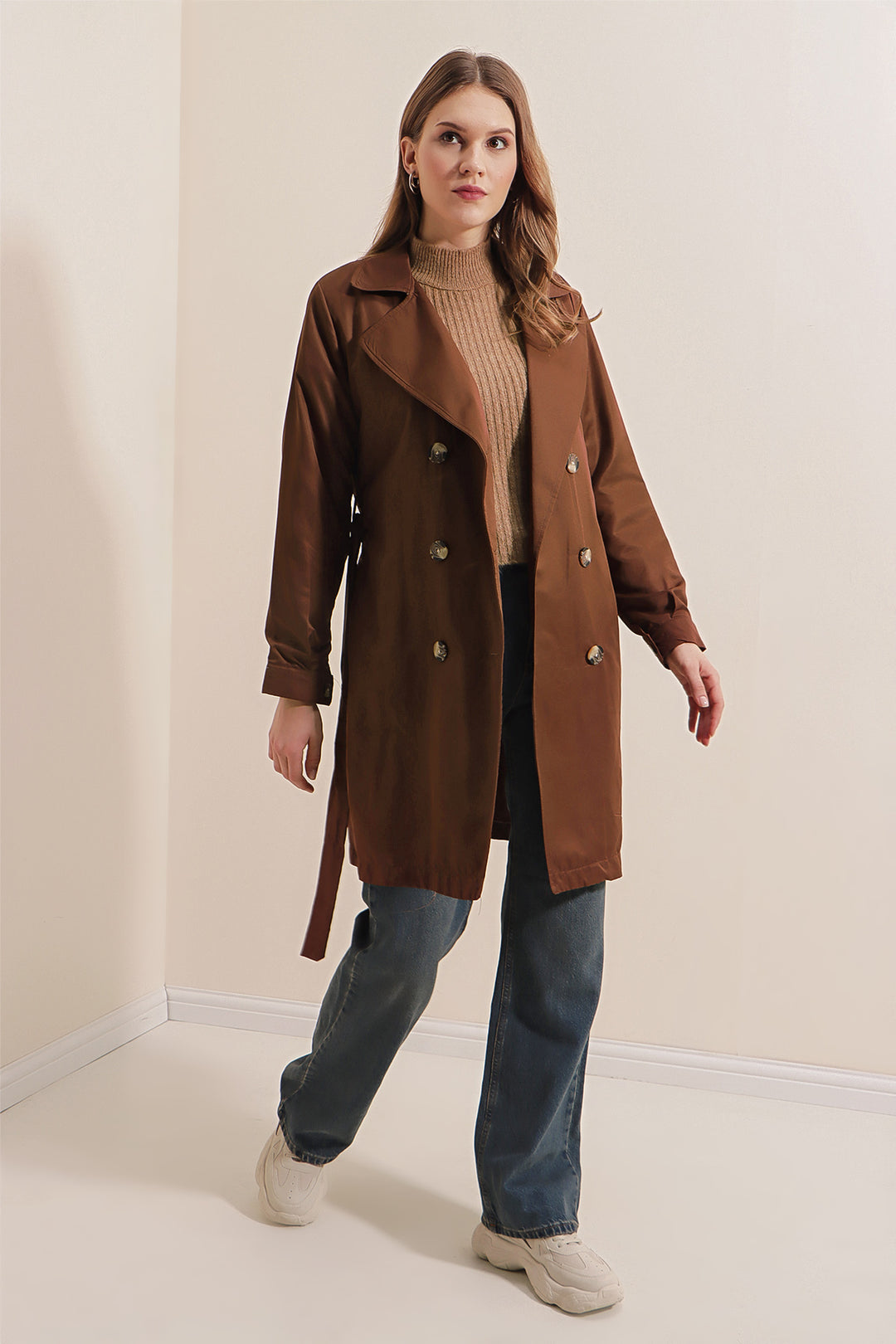 BGD Women Double Breasted Short Trench Coat - Brown - Târgu-Mureş