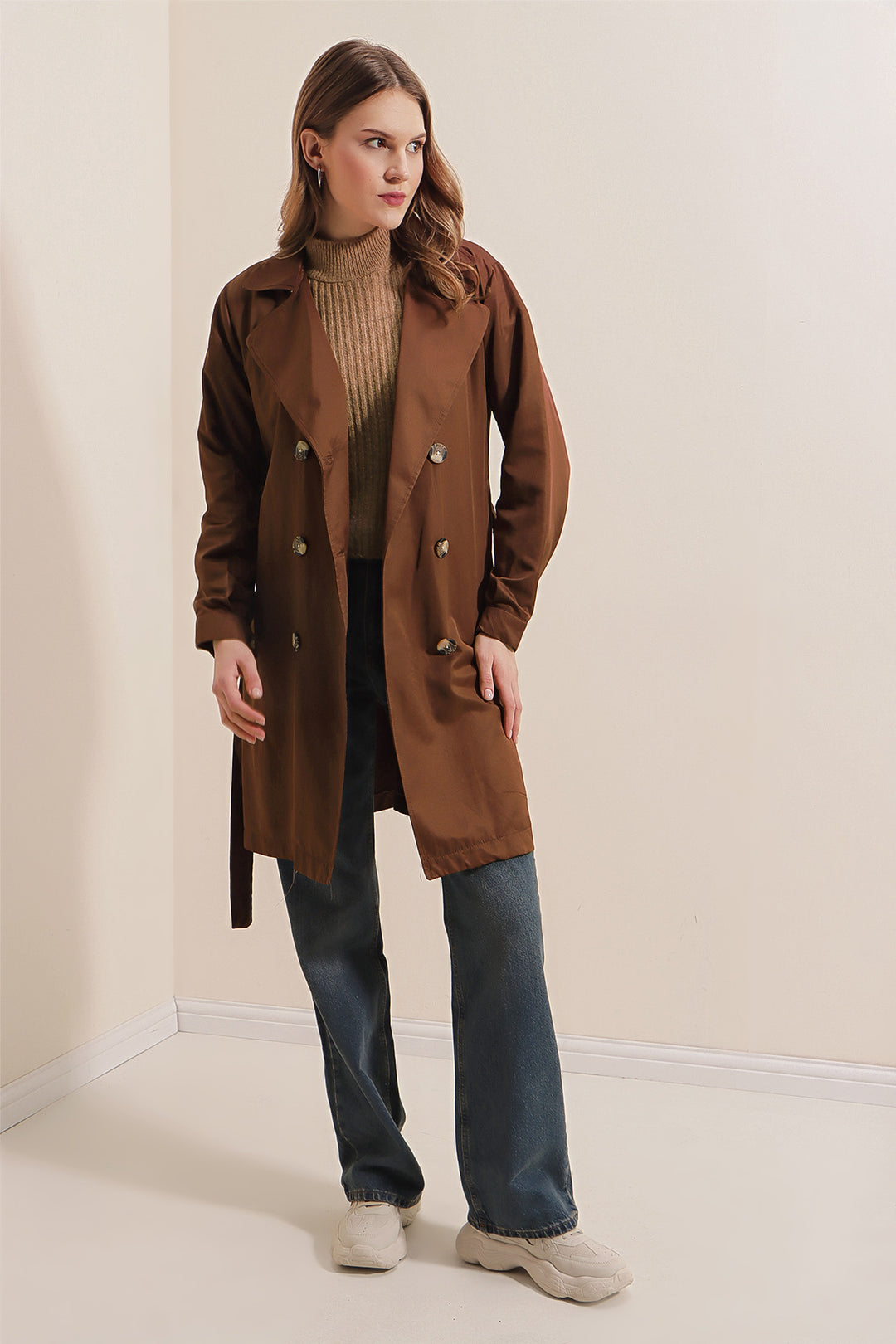 BGD Women Double Breasted Short Trench Coat - Brown - Târgu-Mureş