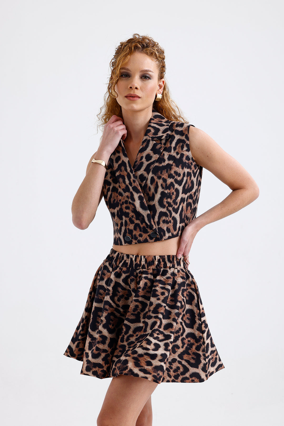 SNS Sense Leopard Patterned Leopard Patterned Lined Moss Crepe Sleeveless Crop Jacket - Mount Pleasant