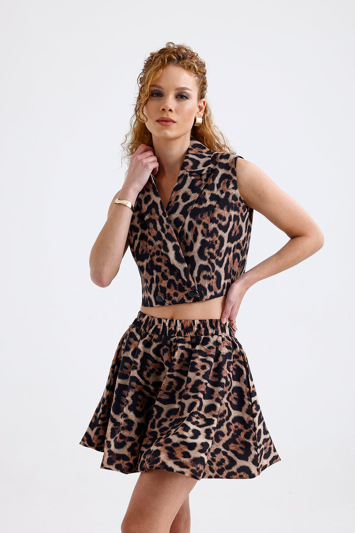 SNS Sense Leopard Patterned Leopard Patterned Lined Moss Crepe Sleeveless Crop Jacket - Mount Pleasant