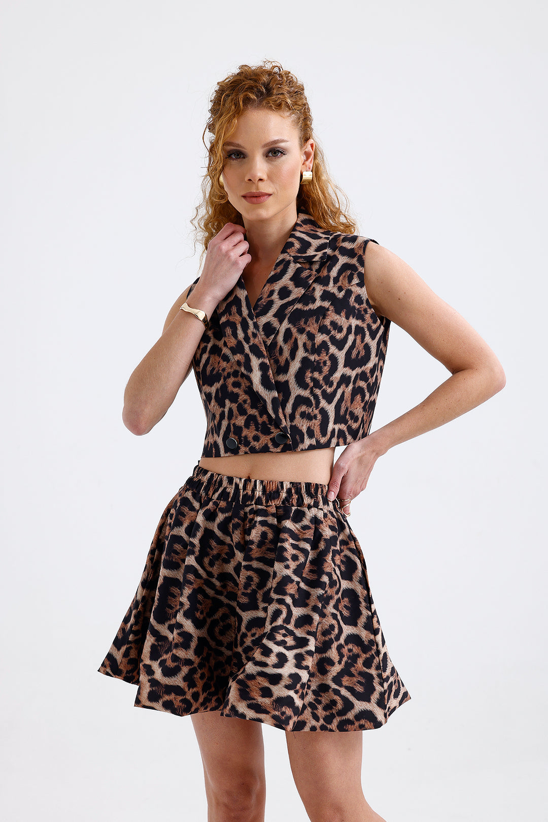 SNS Sense Leopard Patterned Leopard Patterned Lined Moss Crepe Sleeveless Crop Jacket - Mount Pleasant
