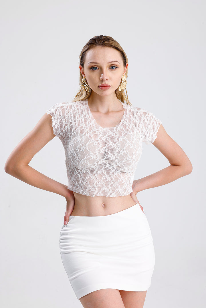 SNS Sense White Lace Crop Blouse with Fine Stitching - Lucan