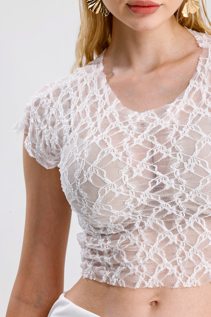 SNS Sense White Lace Crop Blouse with Fine Stitching - Lucan