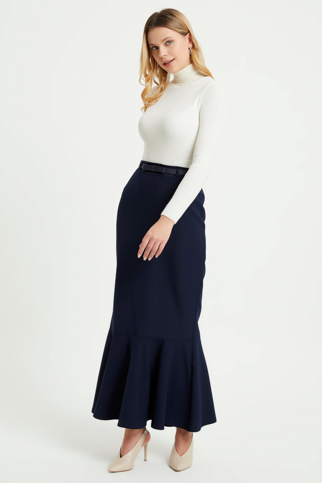 ZRF Women Flared Belted Skirt - Navy - Níkaia