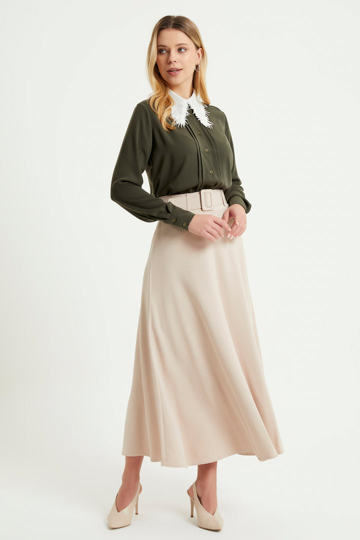 ZRF Women Belted Flared Skirt - Beige - Guiseley