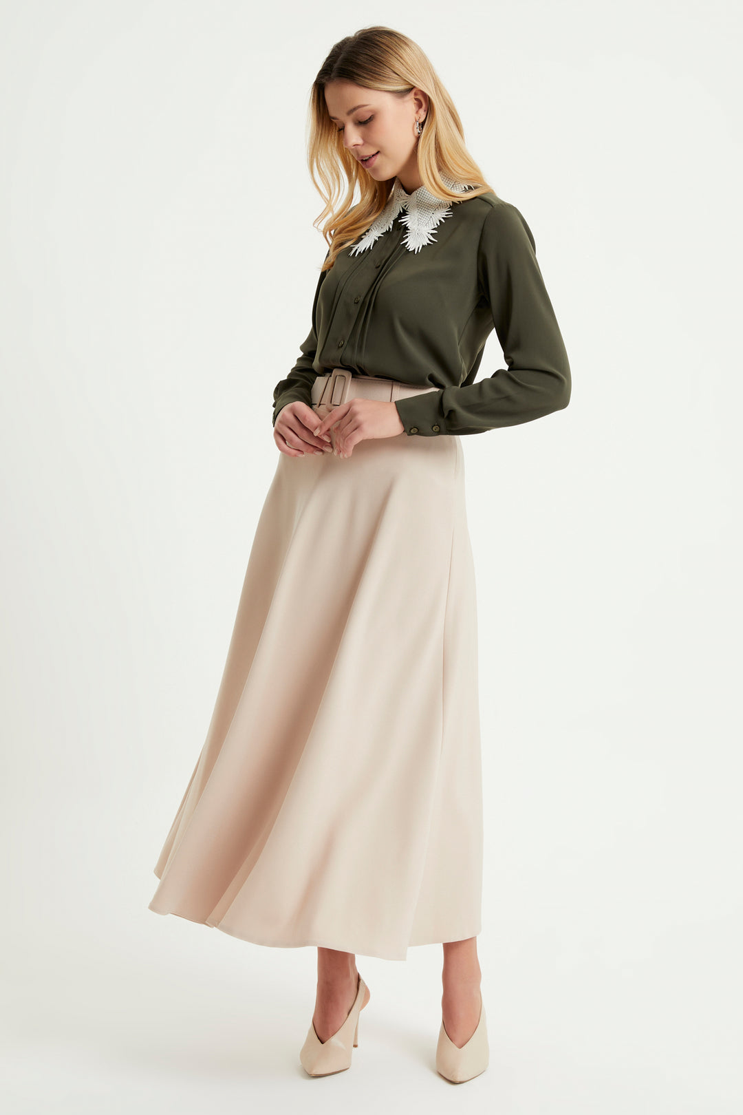 ZRF Women Belted Flared Skirt - Beige - Guiseley