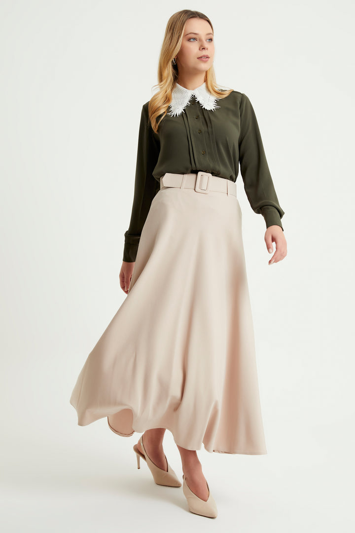 ZRF Women Belted Flared Skirt - Beige - Guiseley