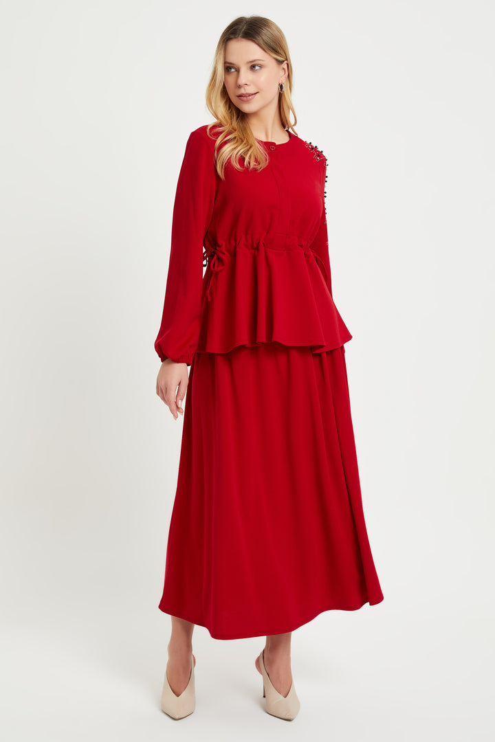 ZRF Women Embroidered Sleeve Skirt Suit - Red - Woodbury