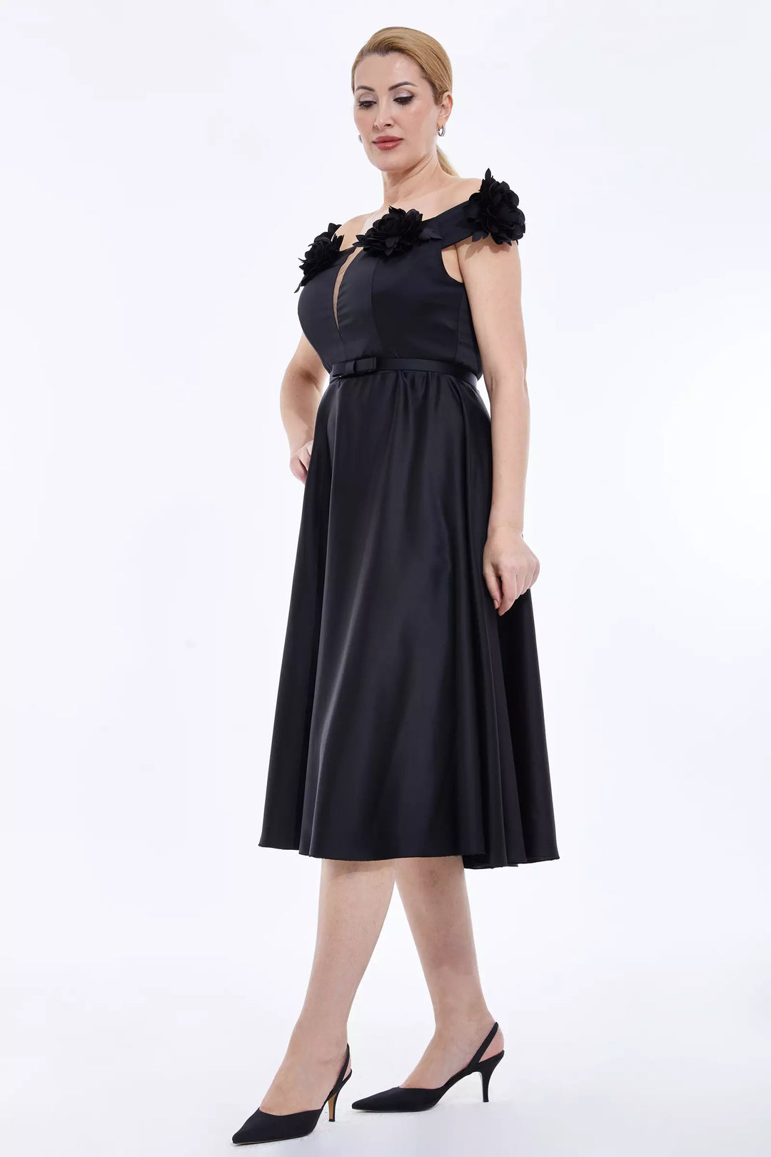 FRV Black plus size satin sleeveless midi dress - Sale