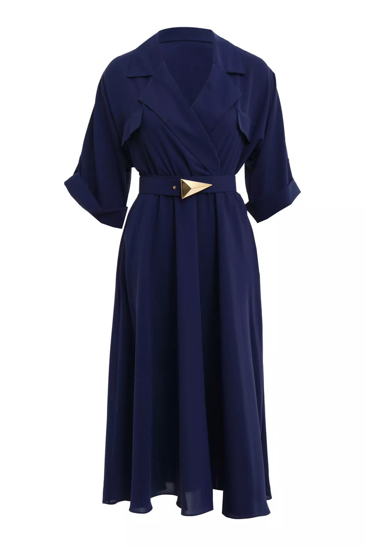 FRV Navy blue crepe short sleeve midi dress - Porto