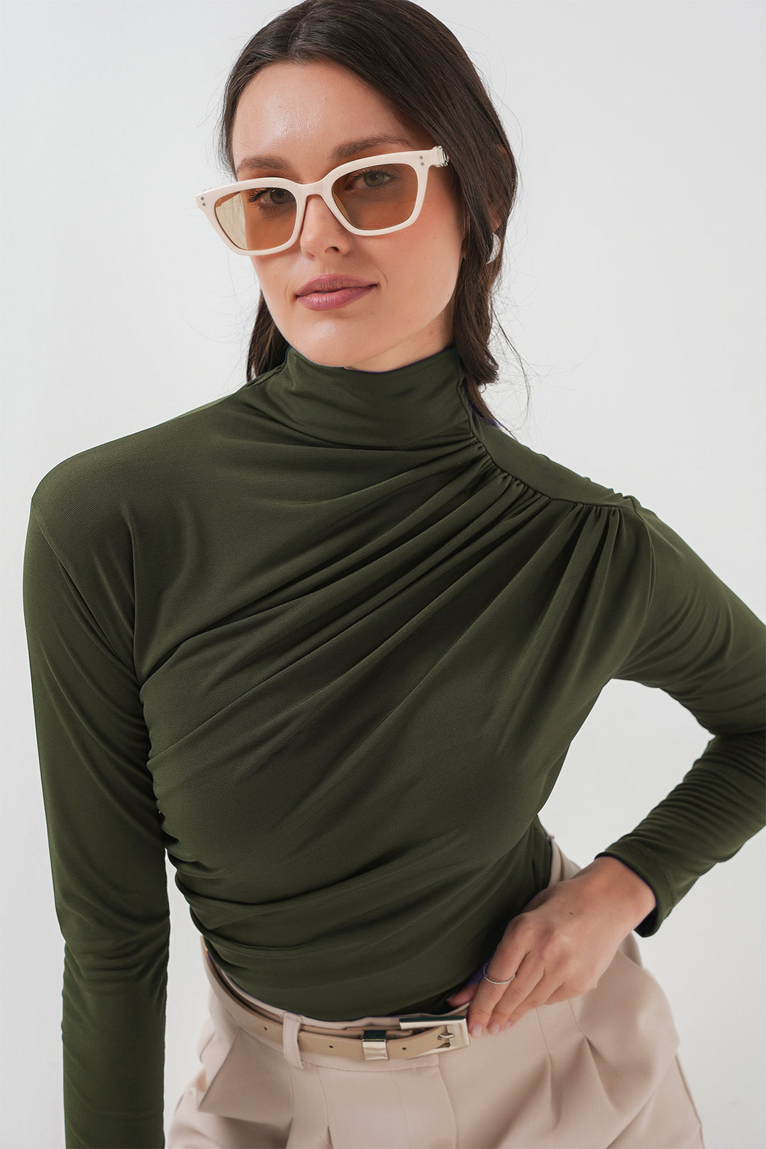 BGD Women Ruffle Detailed Sandy Blouse - Khaki - Busto Arsizio