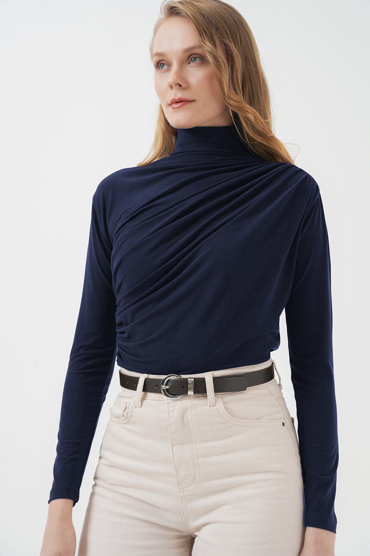 BGD Women Ruffle Detailed Sandy Blouse - Navy - Rotorua