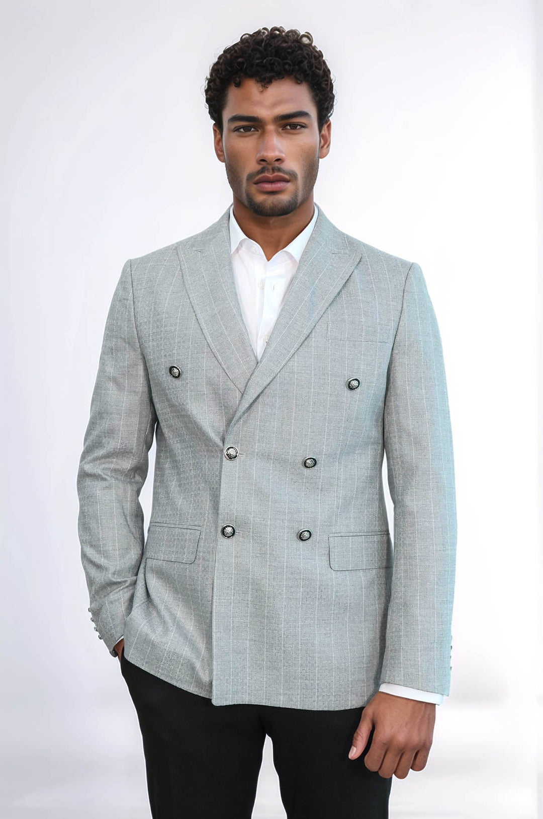 WSS Double Breasted Slim Fit Striped Grey Men Blazer  - Clermont