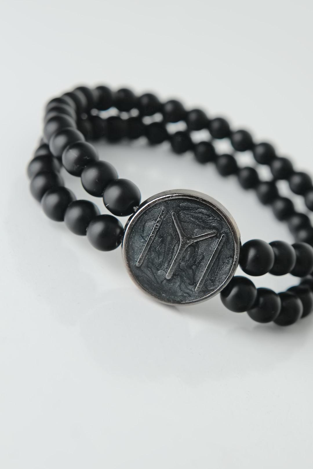 EBJ Black Color Double Row Natural Stone Men's Bracelet with Smoke Gray Metal Base and Smoke Gray Length Figure - Redondo Beach