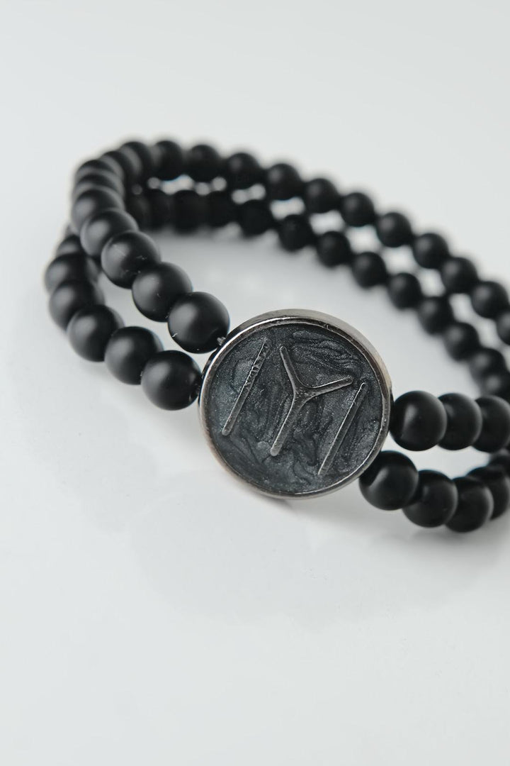 EBJ Black Color Double Row Natural Stone Men's Bracelet with Smoke Gray Metal Base and Smoke Gray Length Figure - Redondo Beach