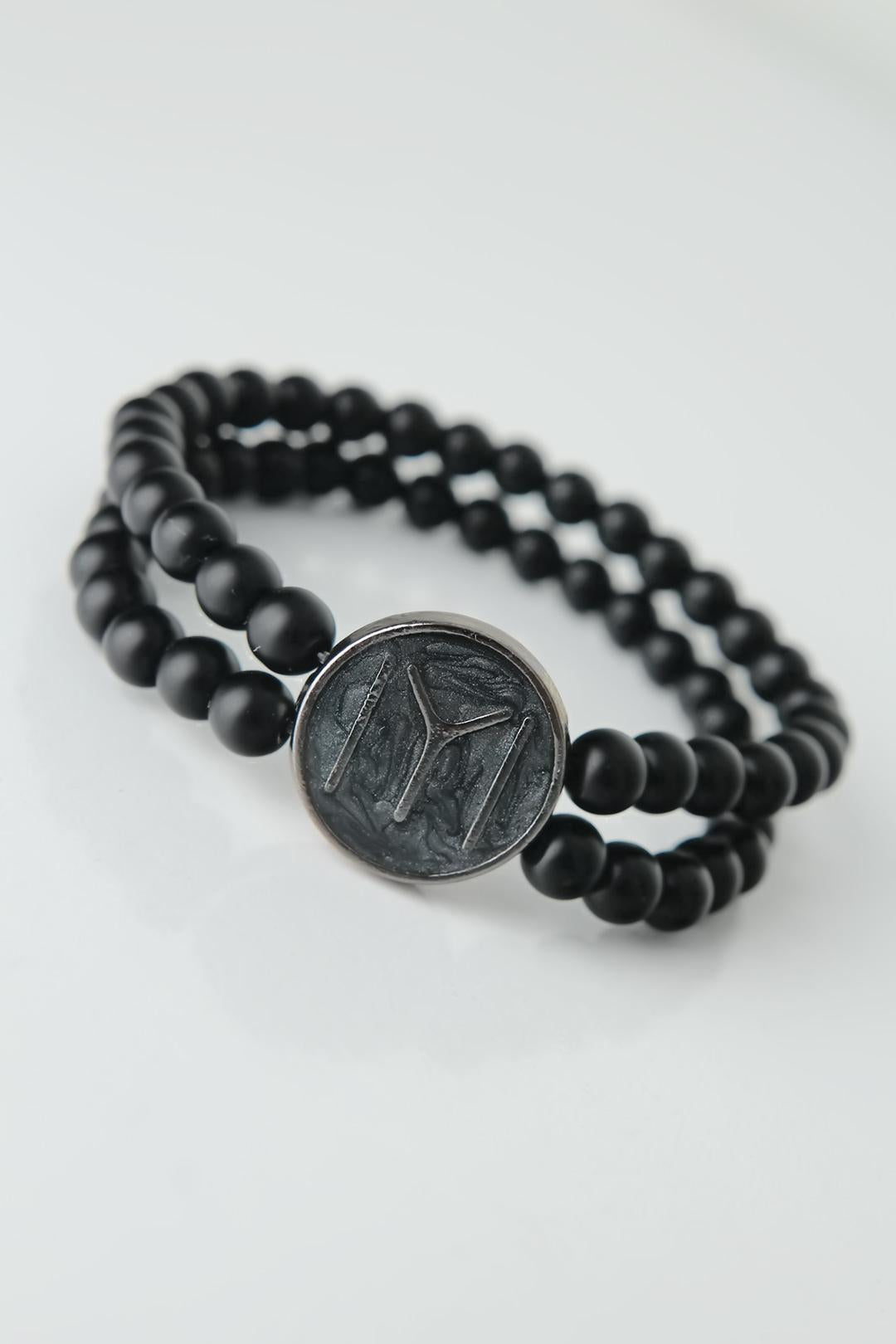 EBJ Black Color Double Row Natural Stone Men's Bracelet with Smoke Gray Metal Base and Smoke Gray Length Figure - Redondo Beach