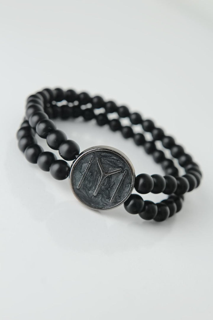EBJ Black Color Double Row Natural Stone Men's Bracelet with Smoke Gray Metal Base and Smoke Gray Length Figure - Redondo Beach
