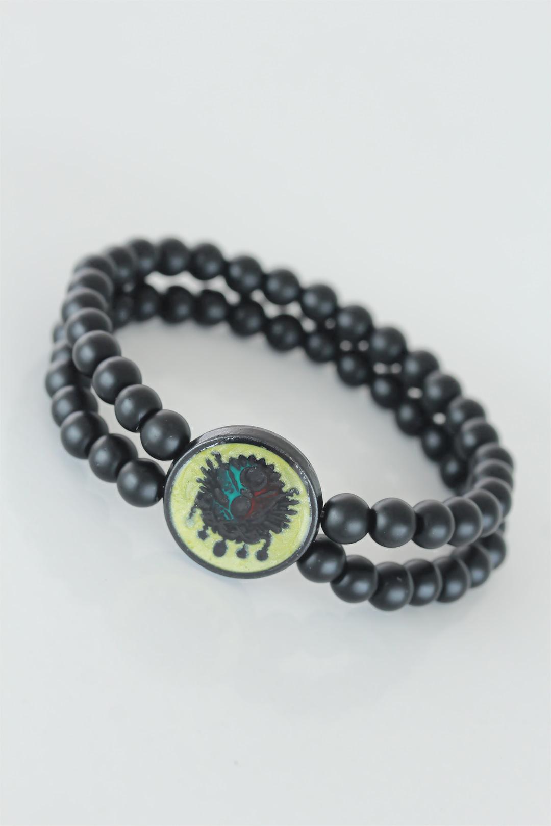 EBJ Black Color Double Row Natural Stone Men's Bracelet with Ottoman Coat of Arms Figure on Yellow Colored Metal - San Fernando de Henares