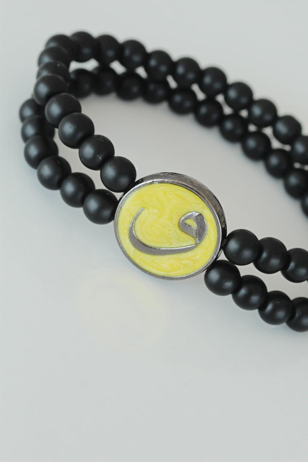 EBJ Double Row Onyx Natural Stone Men's Bracelet with Metal Accessories Designed in Yellow Color with Wavy Figure - Slutsk