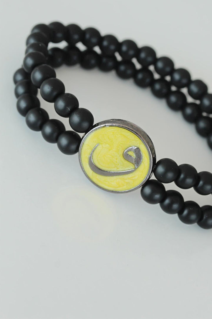 EBJ Double Row Onyx Natural Stone Men's Bracelet with Metal Accessories Designed in Yellow Color with Wavy Figure - Slutsk