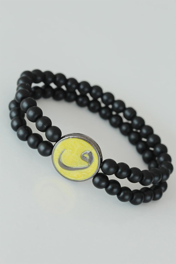 EBJ Double Row Onyx Natural Stone Men's Bracelet with Metal Accessories Designed in Yellow Color with Wavy Figure - Slutsk