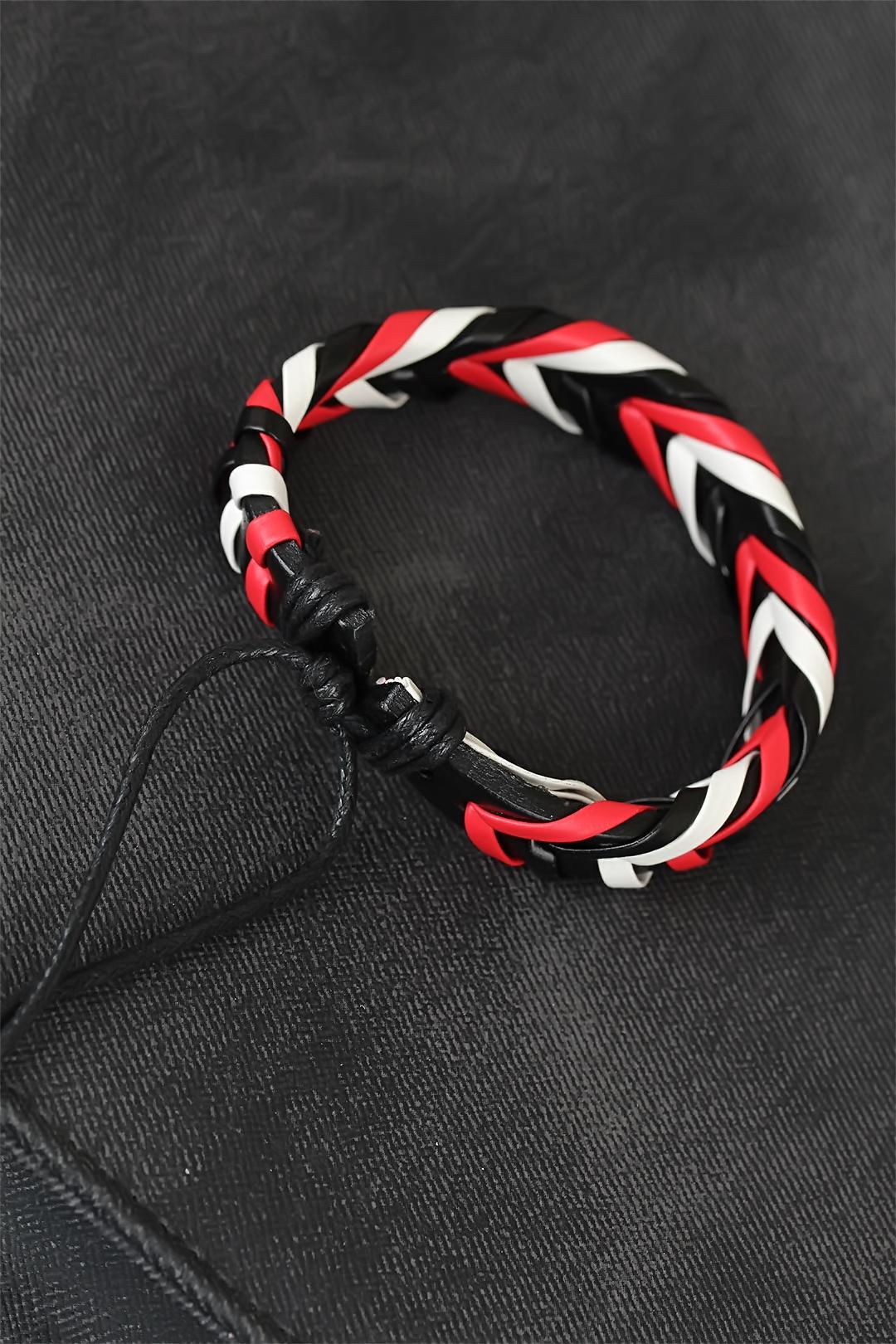 EBJ Red White Black Knitted Leather Men's Bracelet - Saint Helens