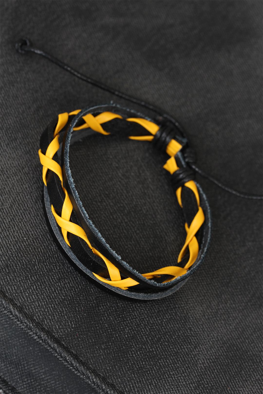 EBJ Yellow Leather Black Color Knitted Leather Men's Bracelet - Central Coast