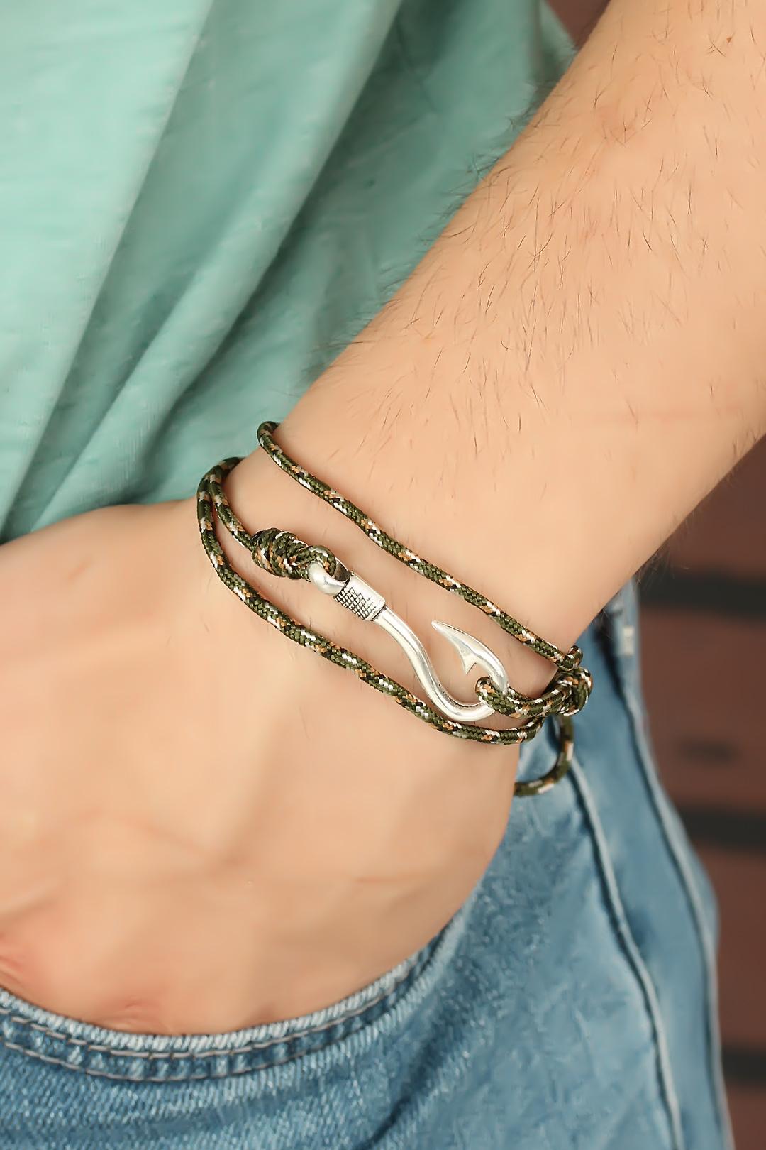 EBJ Cream Striped Patterned Metal Hooked Men's Bracelet - Greenford
