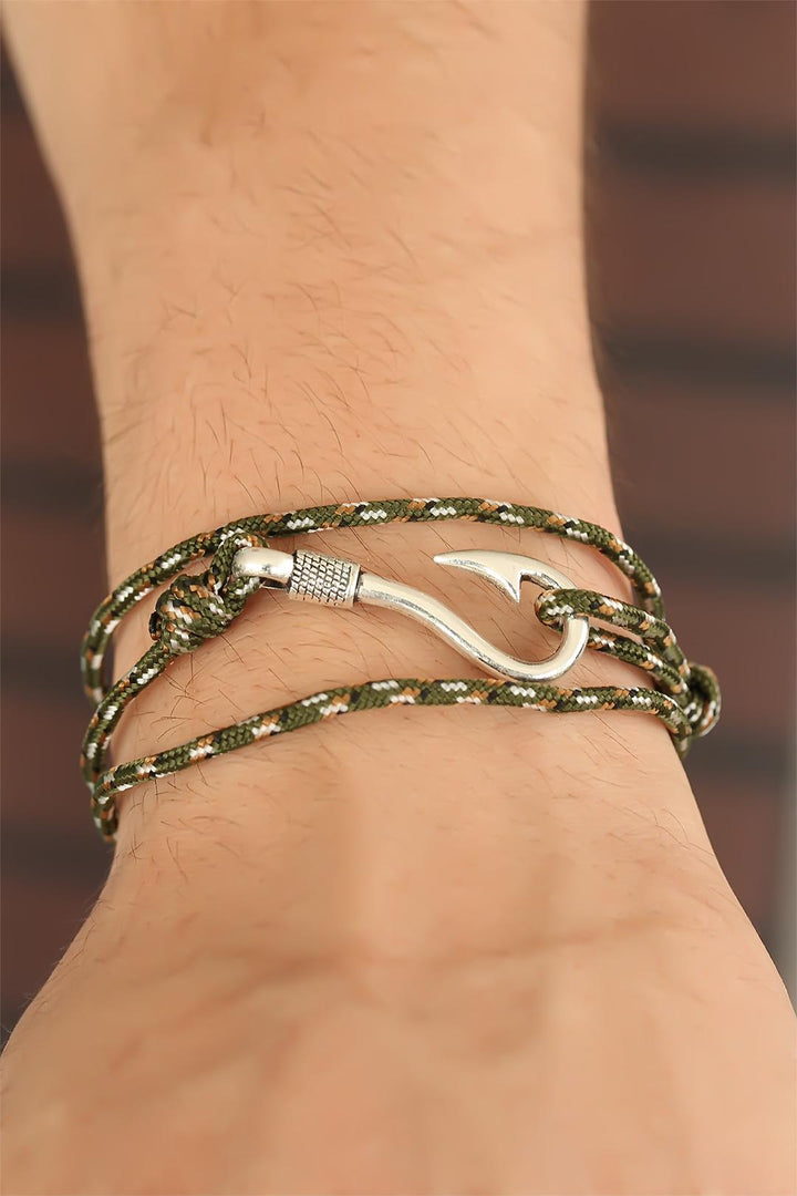 EBJ Cream Striped Patterned Metal Hooked Men's Bracelet - Greenford