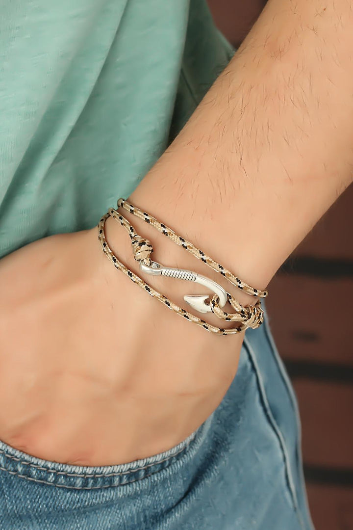 EBJ Cream Color Striped Metal Hooked Men's Bracelet - Auburn
