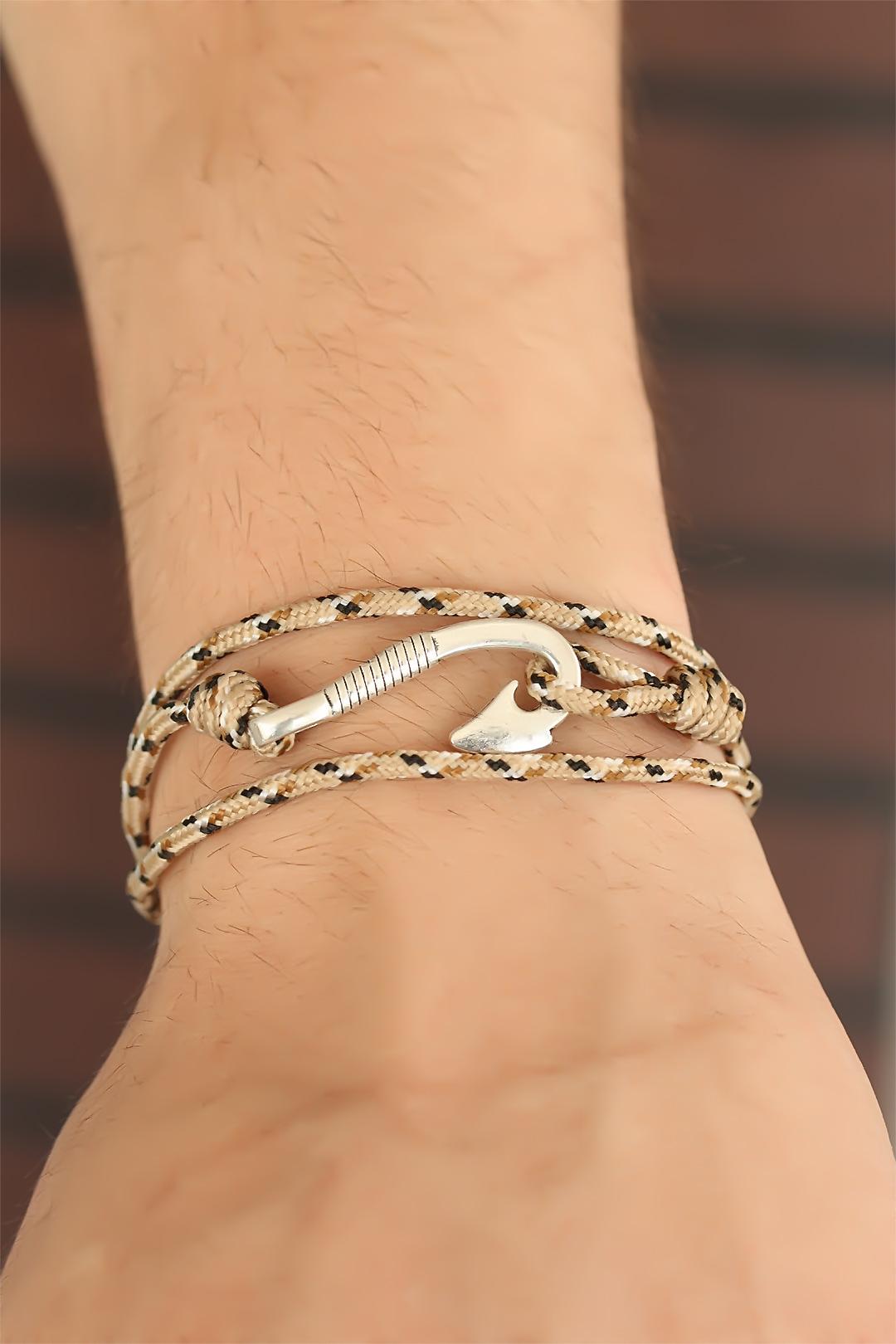 EBJ Cream Color Striped Metal Hooked Men's Bracelet - Auburn
