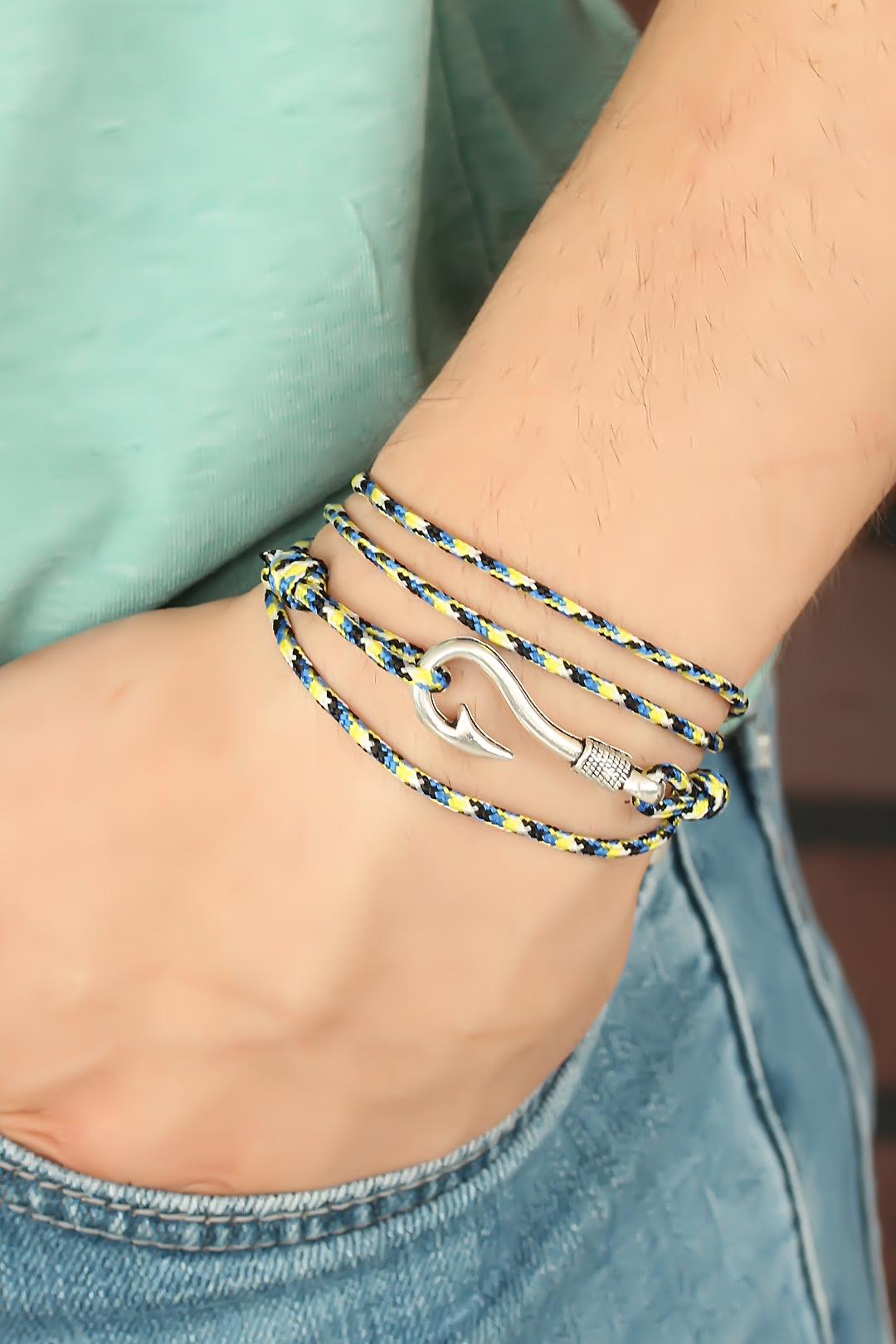 EBJ Yellow Blue Striped Silver Color Metal Hooked Men's Bracelet - Pioltello