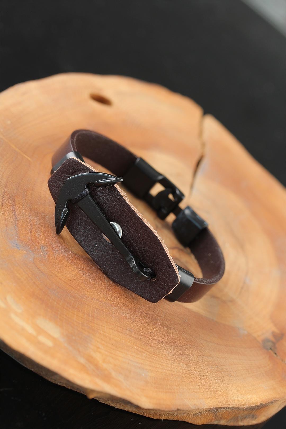 EBJ Brown Leather Men's Bracelet with Black Sea Capal Steel Accessories - Bergen op Zoom