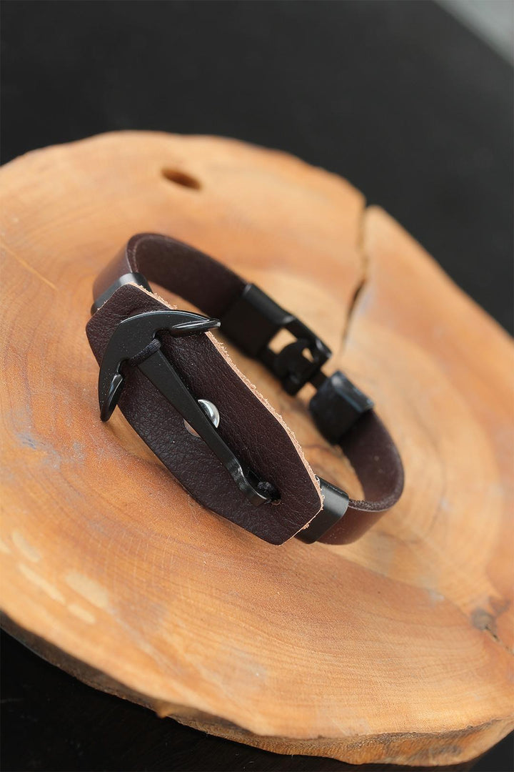 EBJ Brown Leather Men's Bracelet with Black Sea Capal Steel Accessories - Bergen op Zoom