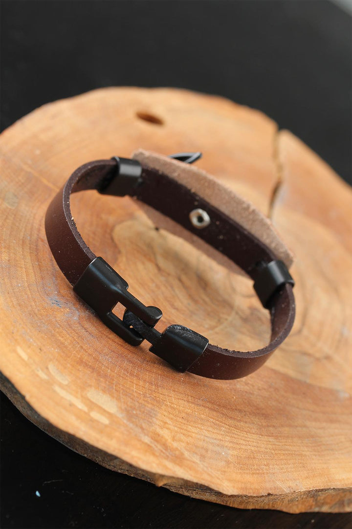 EBJ Brown Leather Men's Bracelet with Black Sea Capal Steel Accessories - Bergen op Zoom