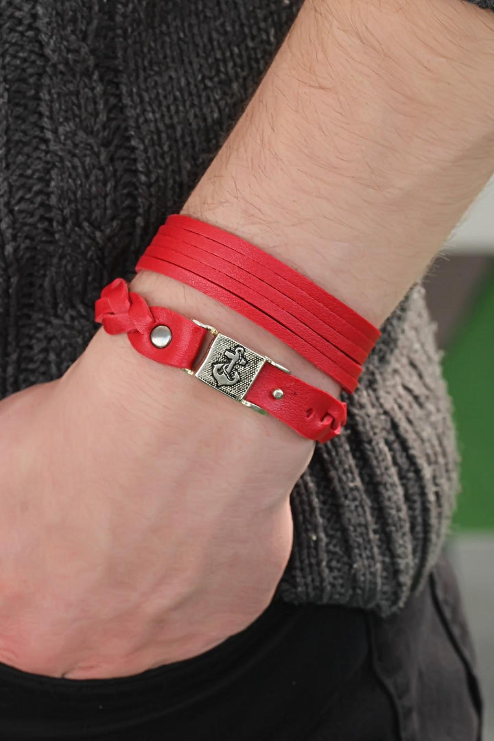 EBJ Red Color Leather Men's Bracelet Combination - Alafaya
