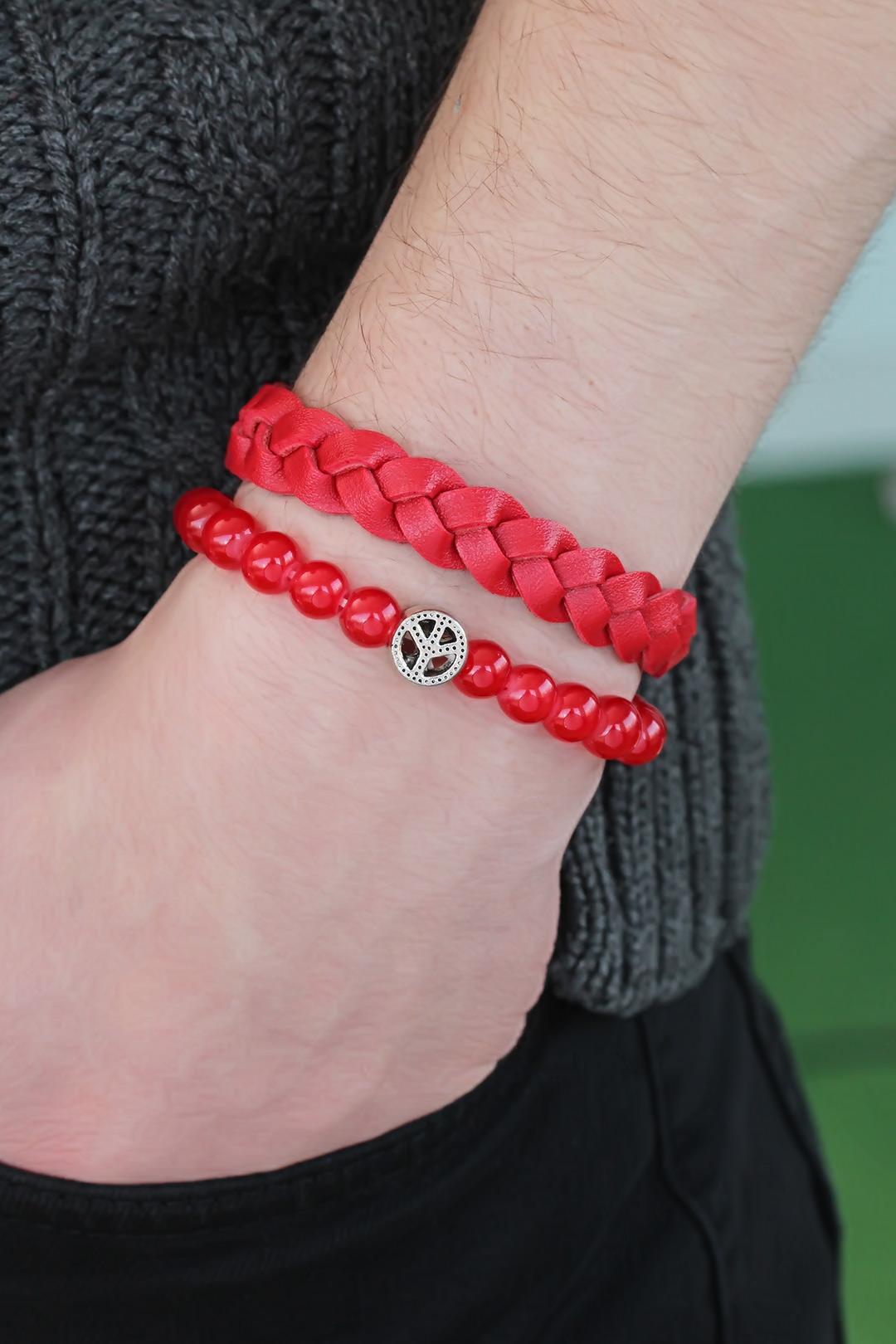 EBJ Red Color Beaded Knitted Men's Bracelet Combination - Tepic