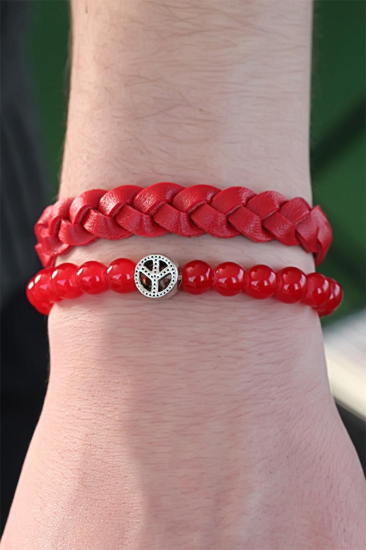 EBJ Red Color Beaded Knitted Men's Bracelet Combination - Tepic