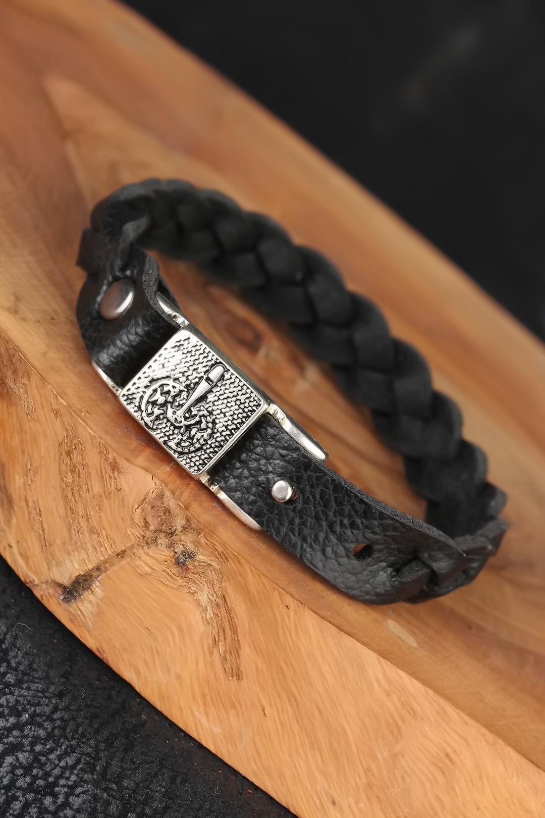 EBJ Black Knitted Pattern Leather Men's Bracelet - Madison