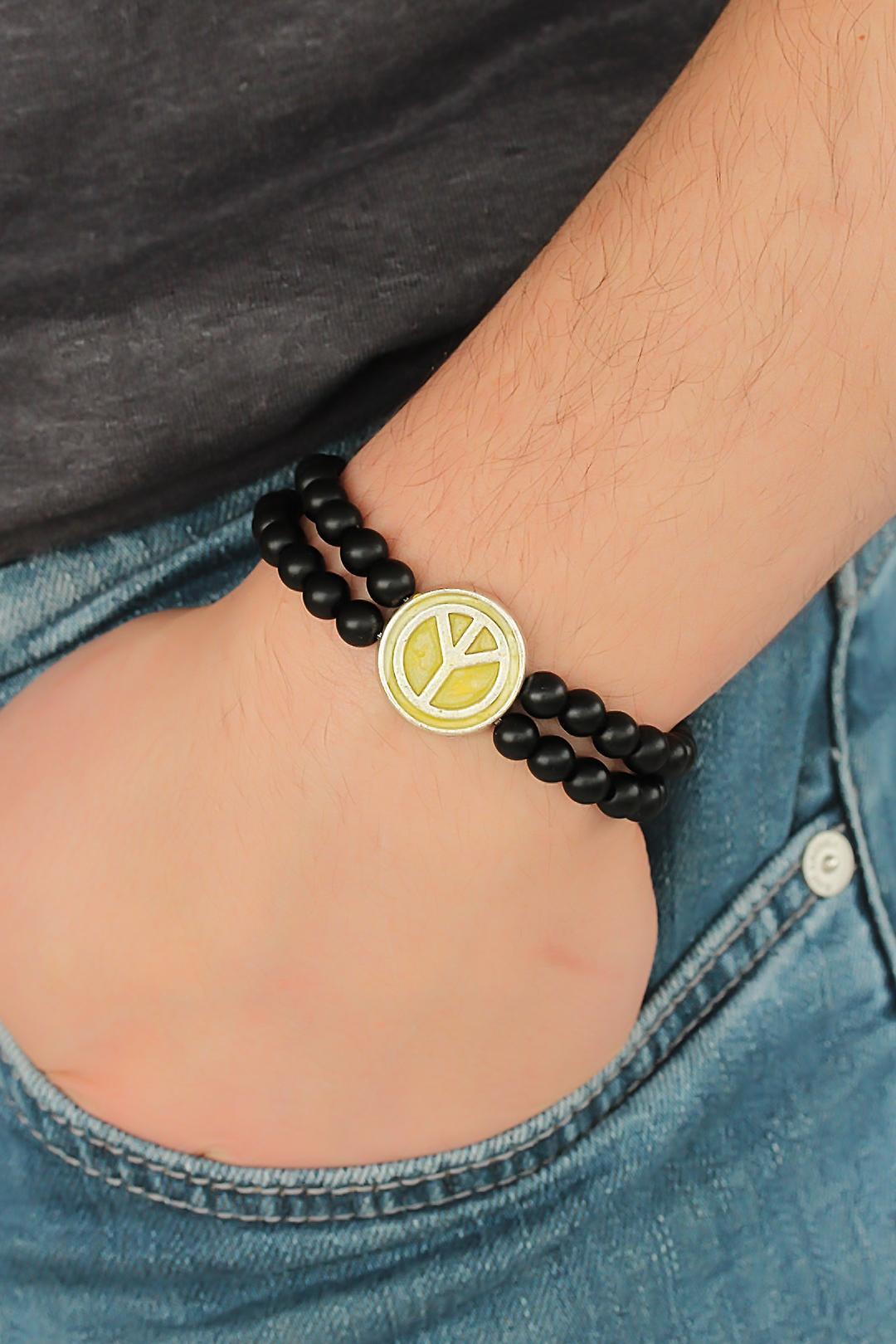 EBJ Black Color Matte Onyx Natural Stone Men's Bracelet with Yellow Metal Peace Symbol Design - College Station