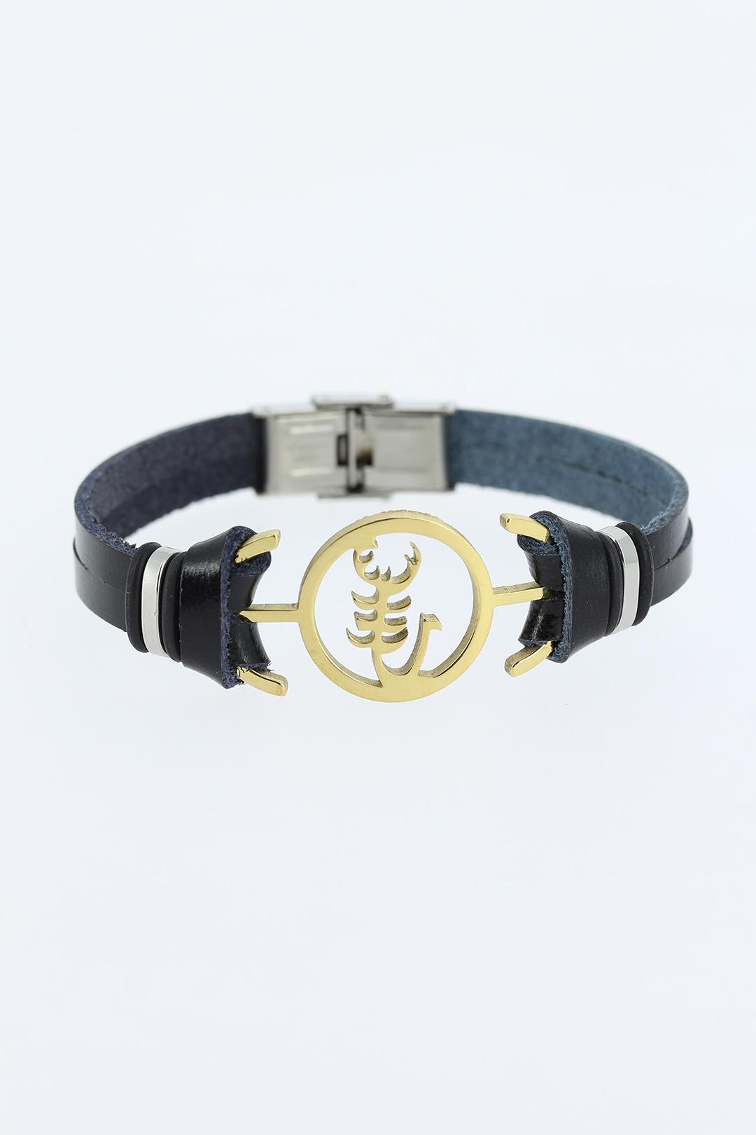 EBJ Black Leather Men's Bracelet with Steel Scorpion Figure and Gold Metal Accents - Conegliano