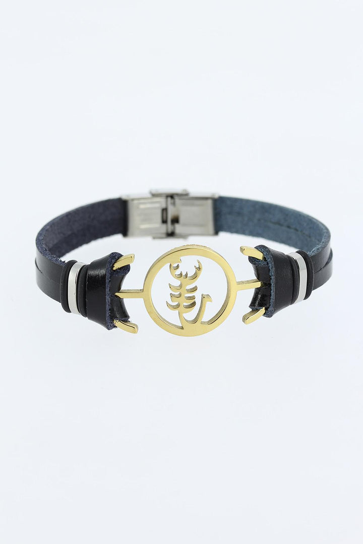 EBJ Black Leather Men's Bracelet with Steel Scorpion Figure and Gold Metal Accents - Conegliano