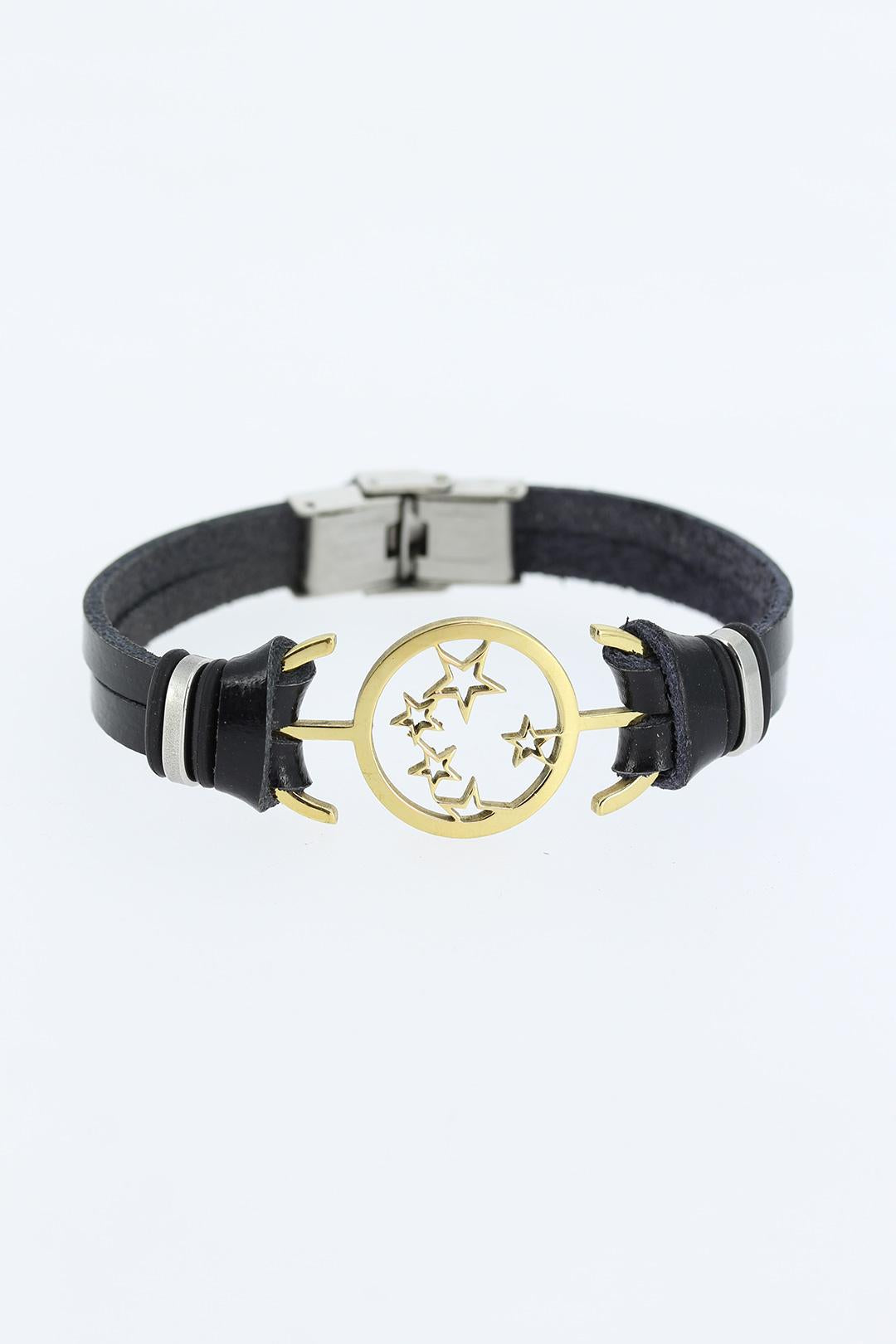 EBJ Black Leather Men's Bracelet with Gold Color Star Shaped Metal Accessory - Versailles