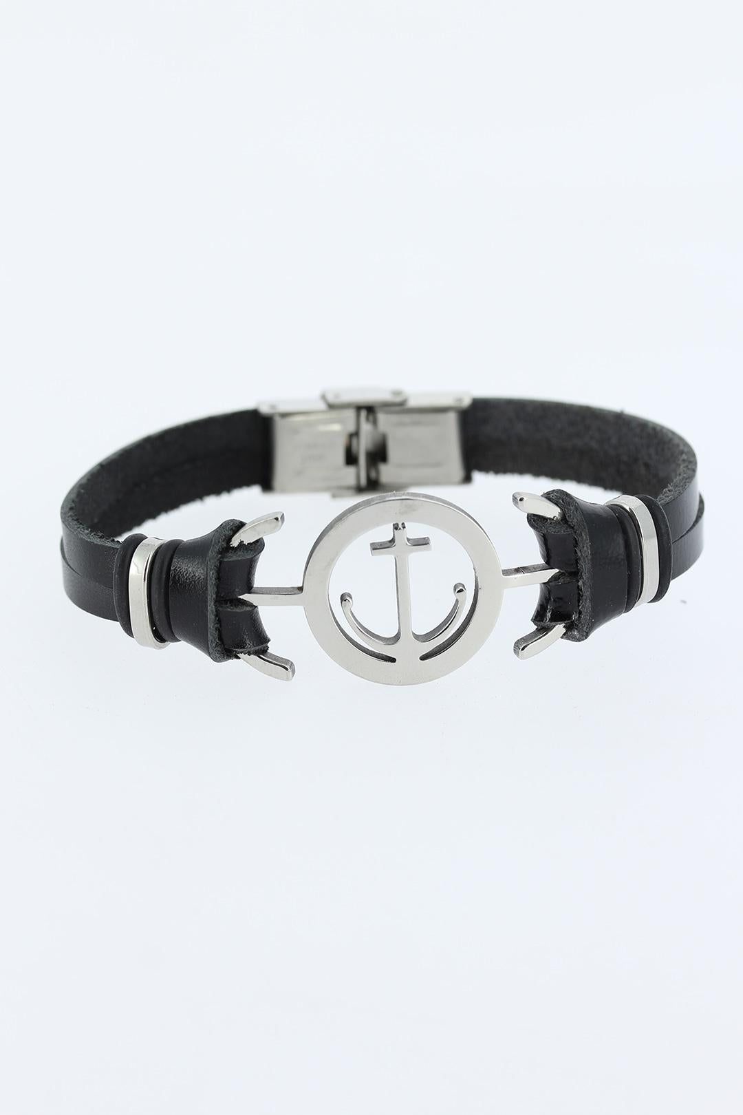 EBJ Black Leather Men's Bracelet with Silver Color Ocean Cap Figure Metal Accessory - Collierville