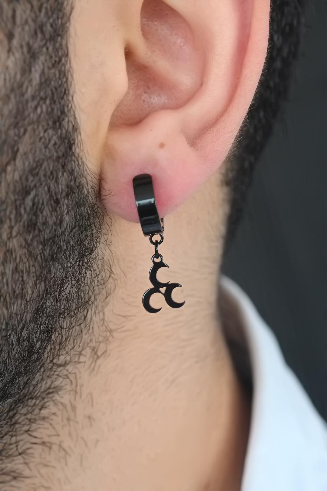 EBJ Black Color Coating Steel Clamp Earring for Men with 3 Crescent Moon Figures - Veenendaal