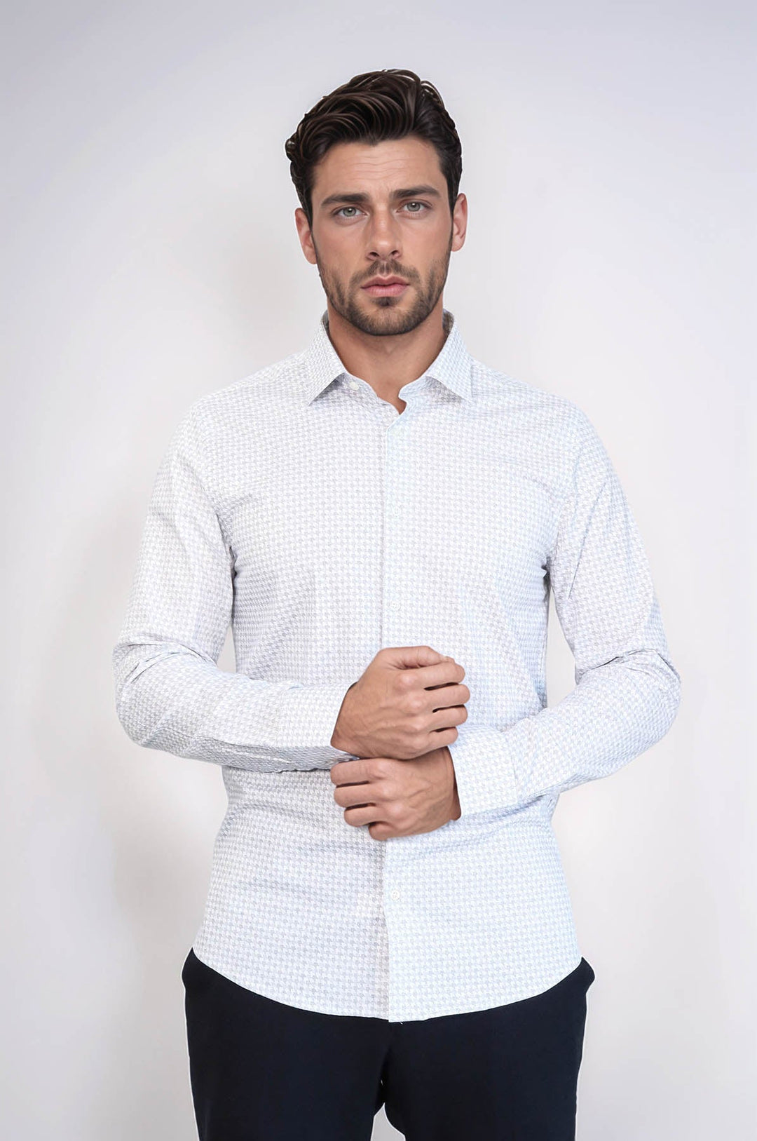 WSS Houndstooth Pattern Slim Fit White Men Shirt  - Lugoj